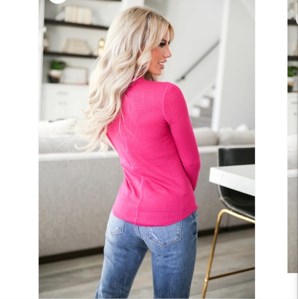 New Zenana Waffle Knit Henley Top - Picture 2 of 4